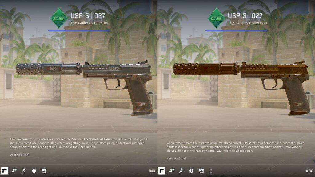 Side-by-side view of a USP-S pistol skin in Factory New and Battle-Scarred condition, showing drastic wear differences in CS2.