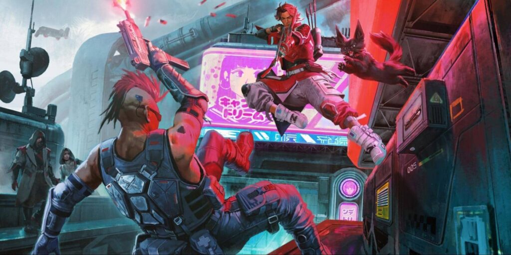 Sparrow kicks an enemy mid-air in a neon-lit Apex Legends fight scene, with Ballistic and others in the background.