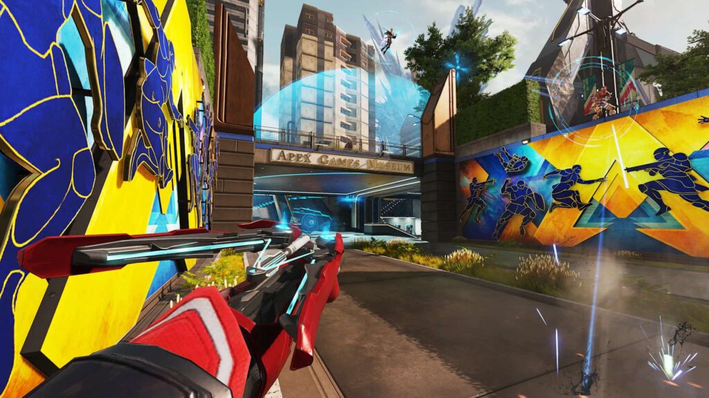 First-person view of Sparrow aiming his high-tech bow in Apex Legends near the Apex Games Museum, with enemies and projectiles visible in the distance.