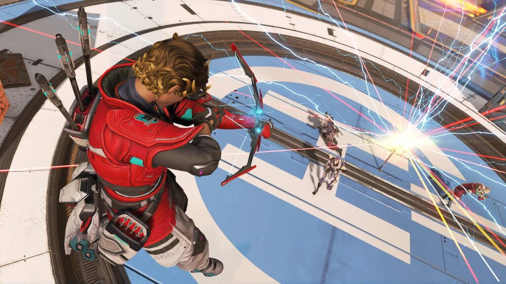 Sparrow in Apex Legends firing a charged arrow from above, unleashing a shockwave toward enemies on a platform below.