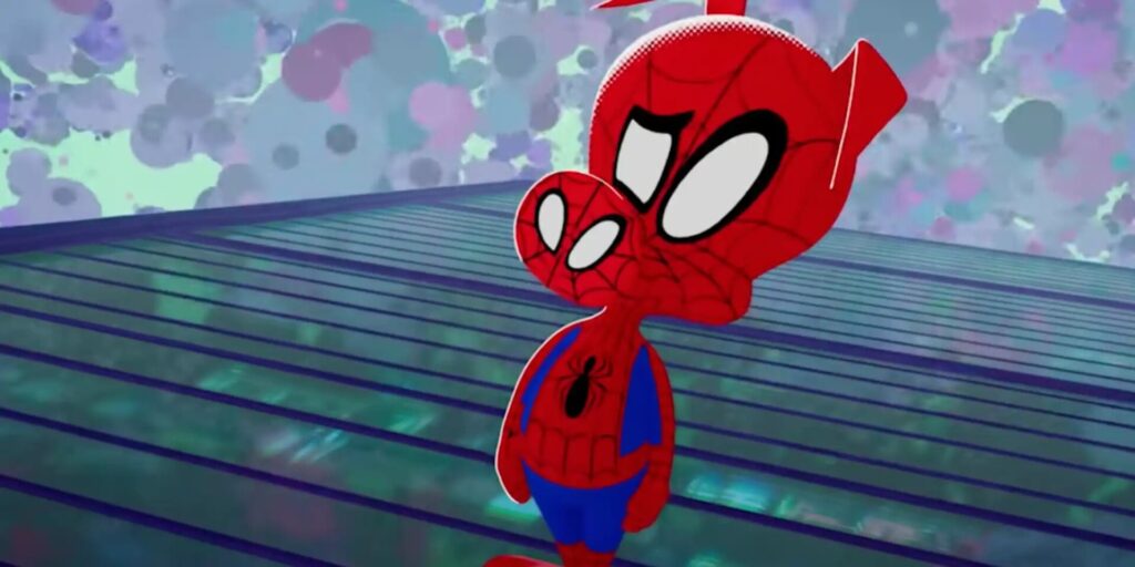 Cartoon-style Spider-Ham, a pig in a red and blue Spider-Man suit, stands on a glowing, futuristic striped platform with a colorful abstract background.