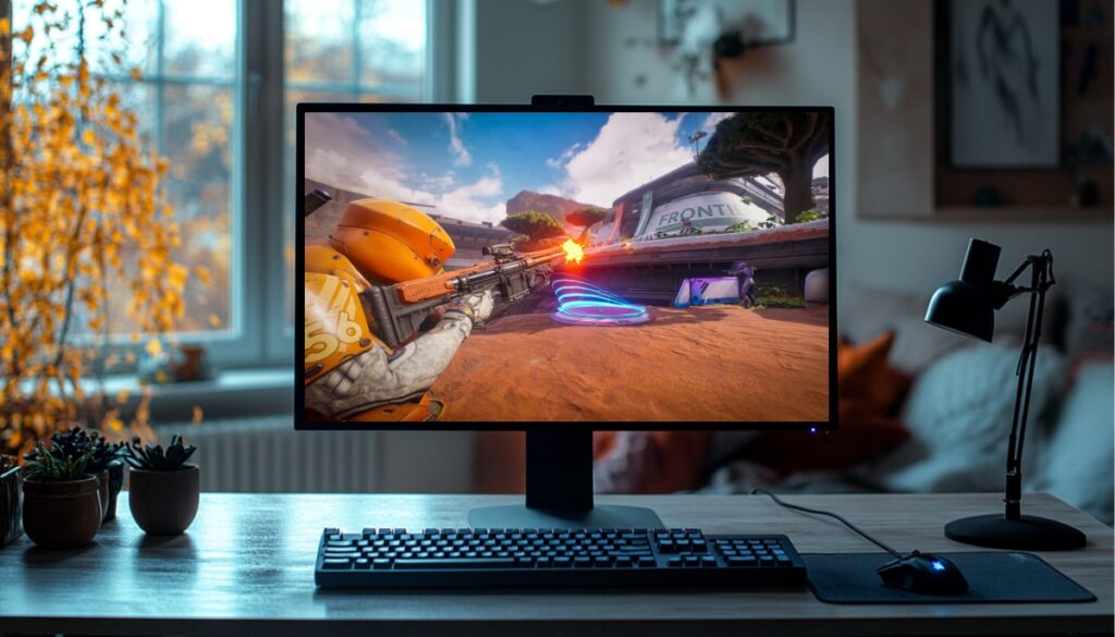 Splitgate 2 gameplay shown on a computer monitor in a cozy home setup, featuring a player in orange armor aiming at enemies on a sci-fi outdoor map.