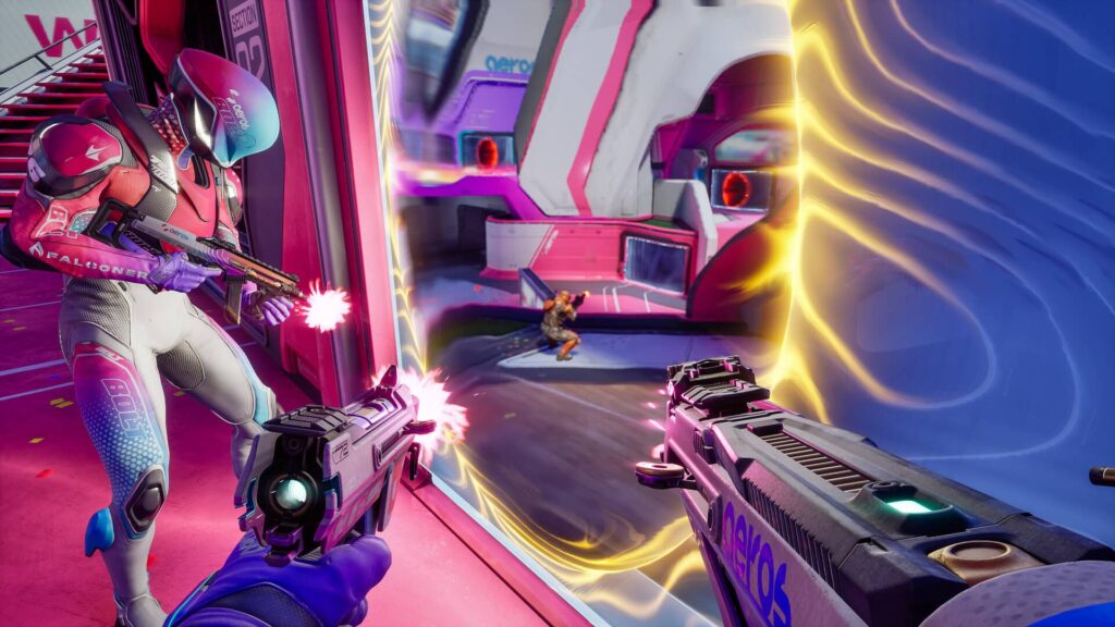 Splitgate gameplay showing players shooting through a glowing portal in a sci-fi arena.