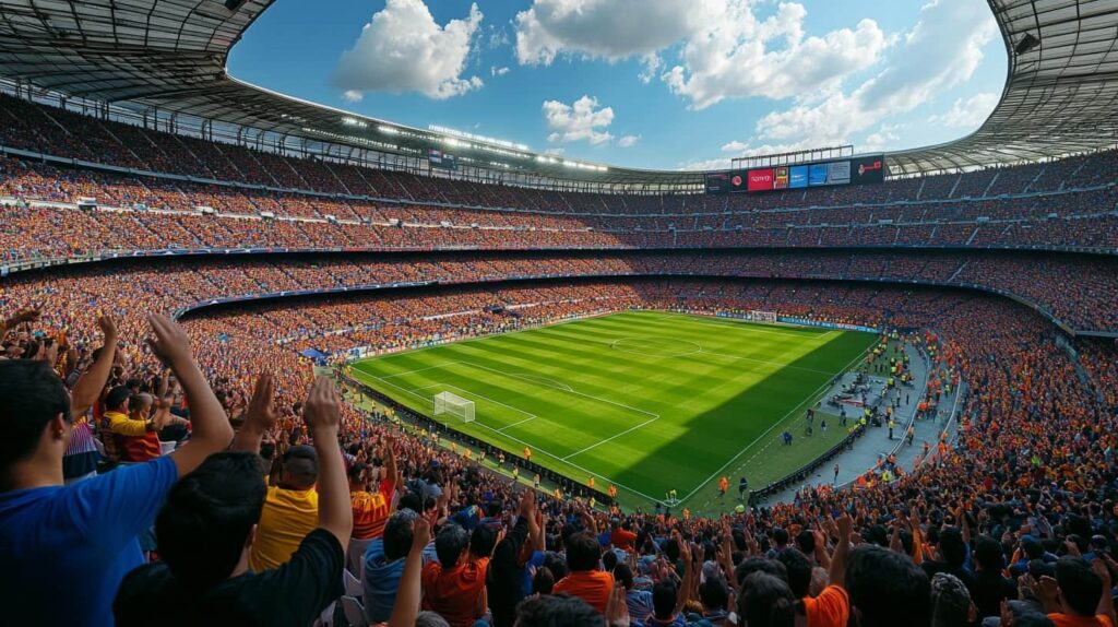 A packed football stadium full of cheering fans, capturing the energy of major international sports events featured in the 2025 schedule.