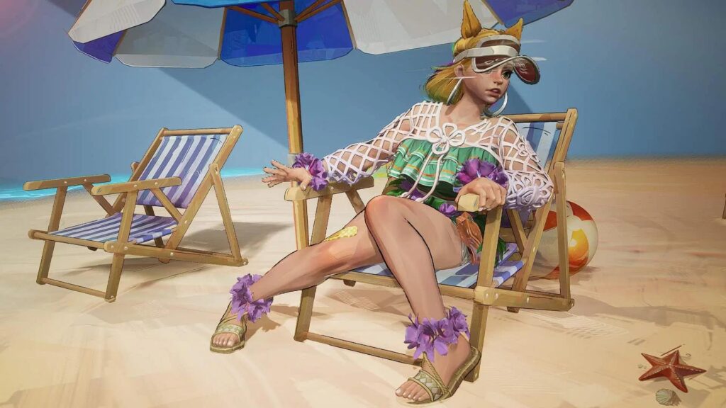Squirrel Girl from Marvel Rivals in a summer outfit, sitting on a beach chair under an umbrella, with a beach ball and starfish nearby.