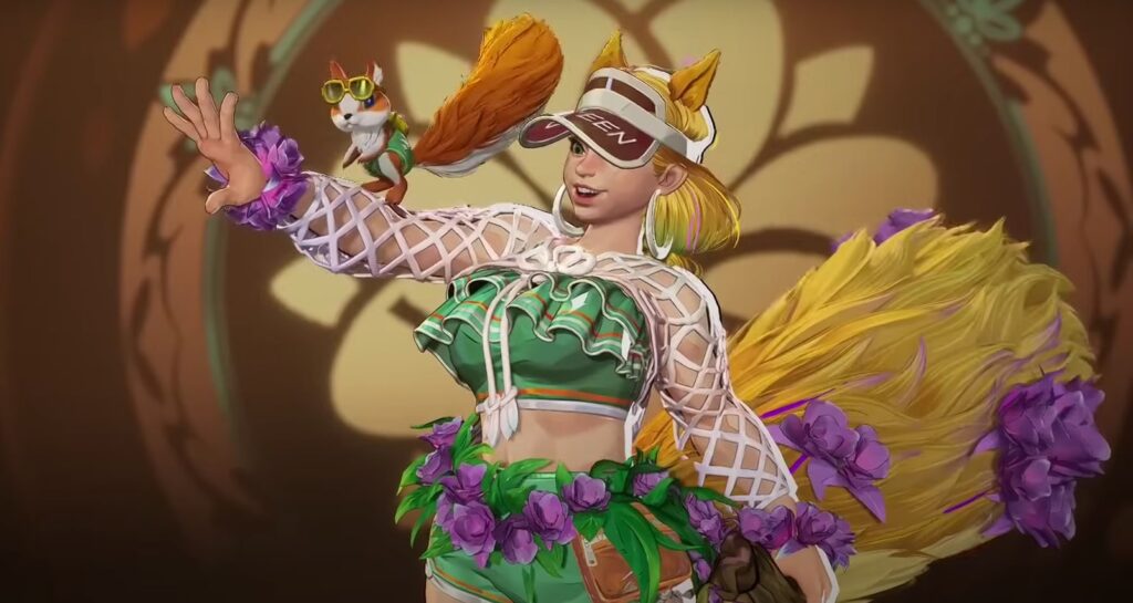 Squirrel Girl from Marvel Rivals in her Sunshine Squirrel skin with lighter skin tone, blonde hair, and tropical outfit, holding her squirrel companion.