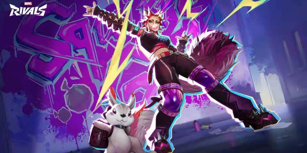 Squirrel Girl Nut Rocker skin in Marvel Rivals with punk outfit and graffiti background.