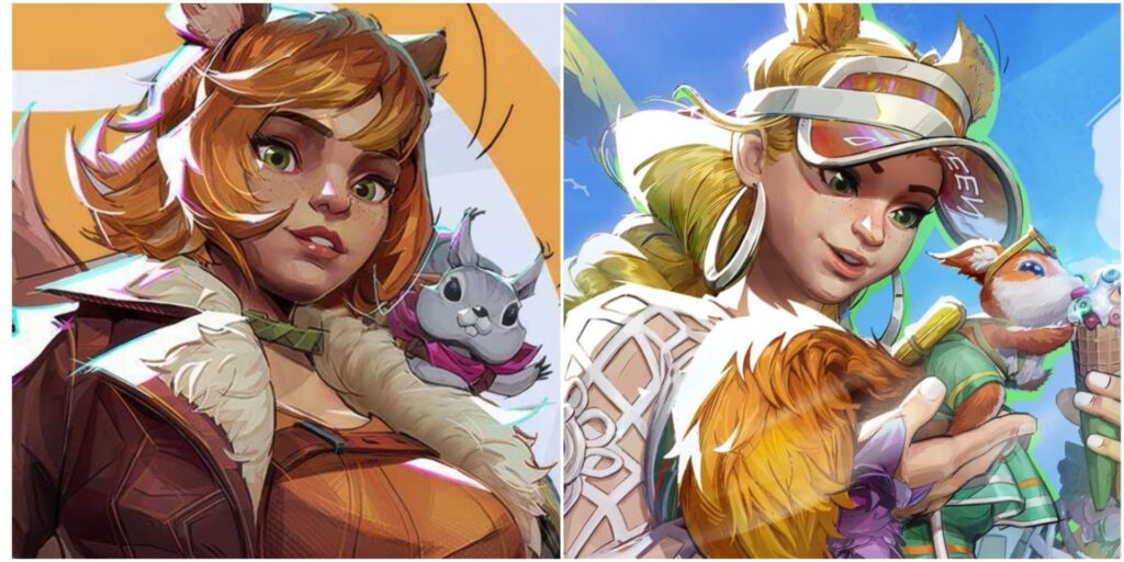 Side-by-side image of Squirrel Girl from Marvel Rivals comparing her default appearance with tanned skin and auburn hair to the lighter-skinned, blonde version in the Sunshine Squirrel summer skin, highlighting the visual changes that sparked online discussion.