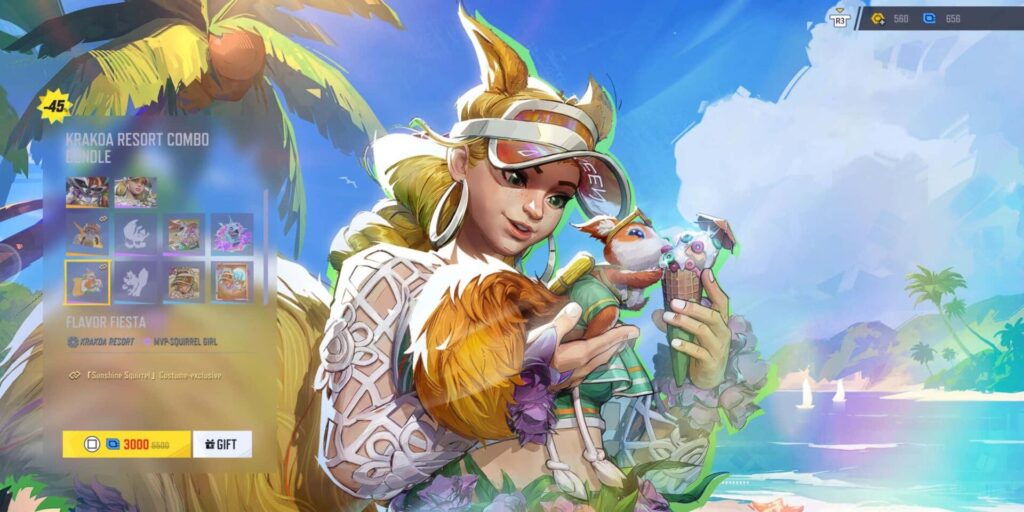 Squirrel Girl in her Sunshine skin from the Krakoa Resort bundle in Marvel Rivals, holding an ice cream cone with Tippytoe dressed in summer gear, tropical beach background, cosmetics preview shown on the left.