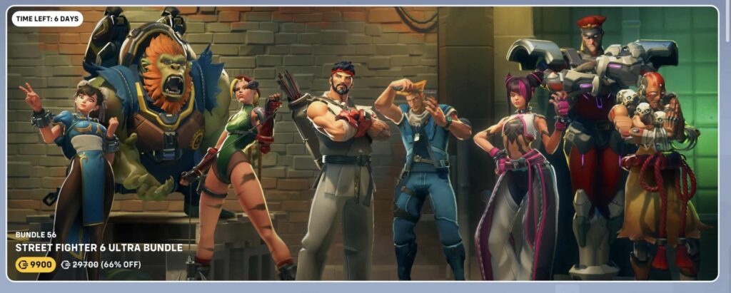 All Overwatch 2 x Street Fighter crossover heroes showcased in the Ultra Bundle with full set of skins, priced at 9,900 Overwatch Coins.