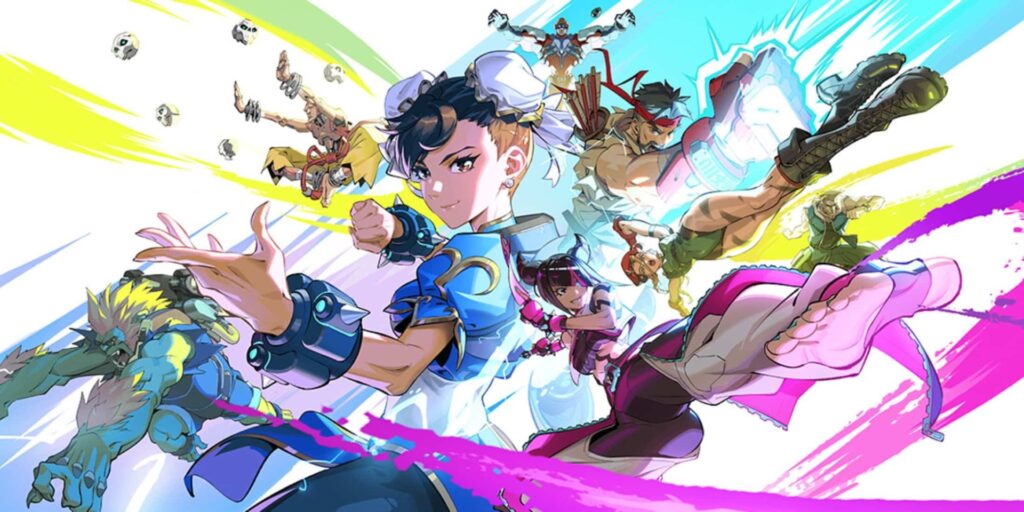 Overwatch 2 x Street Fighter crossover heroes in dynamic anime-style artwork with colorful action streaks.
