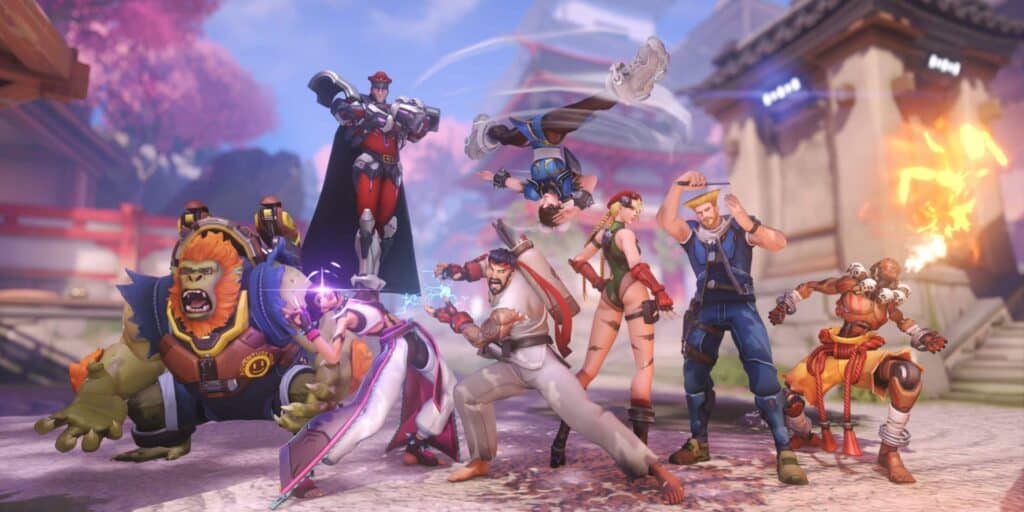 Overwatch 2 heroes in Street Fighter crossover skins, recreating iconic fighting poses from the Capcom franchise.