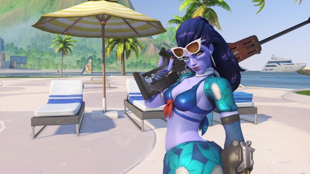 Widowmaker in her Summer skin from Overwatch, wearing a tropical-themed swimsuit and sunglasses, holding her sniper rifle over her shoulder, standing on a beach with palm trees, lounge chairs, and a yacht in the background.