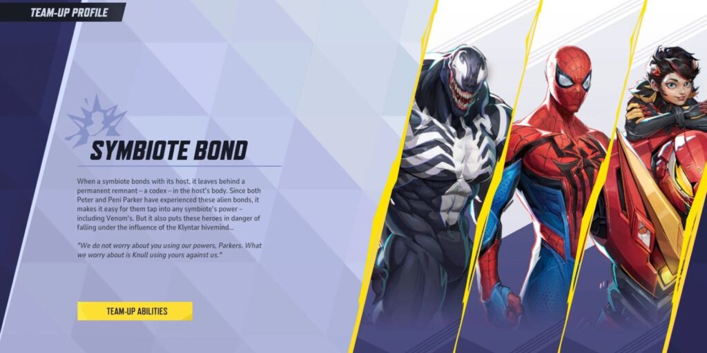 Illustration of Venom, Spider-Man, and Peni Parker with her mech suit, alongside text describing their shared “Symbiote Bond” abilities and the risks of Klyntar influence in a Marvel team-up profile.