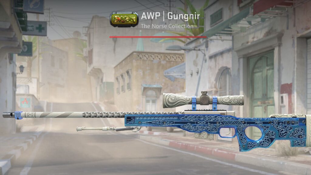 AWP | Gungnir from the Norse Collection, featuring intricate blue and silver Norse-style engravings, displayed on a CS2 map street.