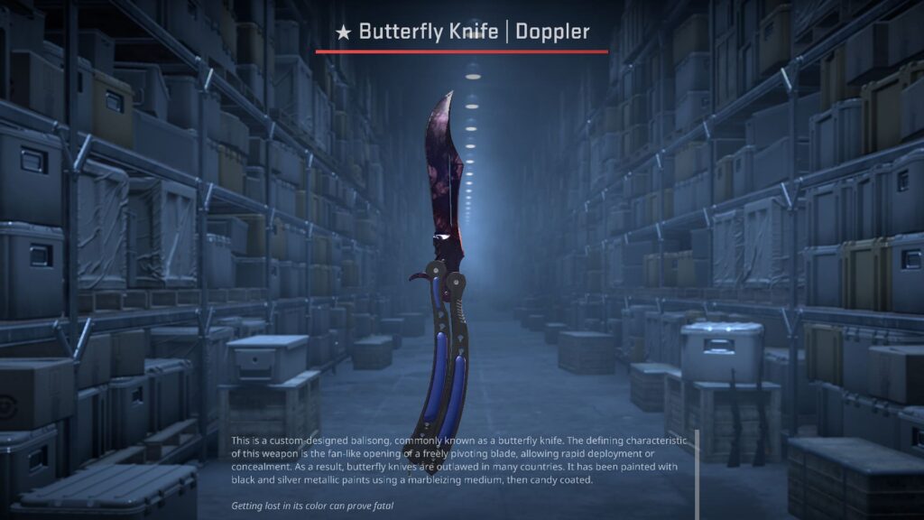 Butterfly Knife | Doppler (Black Pearl) displayed in a CS2 warehouse, with its sleek purple-black blade centered dramatically.