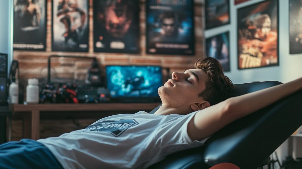 Young esports player resting in a gaming chair with eyes closed, surrounded by gaming posters and a lit computer screen, symbolizing recovery and mental fatigue in professional gaming.