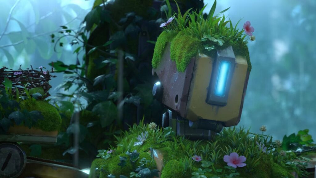 Bastion from Overwatch covered in moss and flowers, sitting peacefully in a lush forest, from the animated short The Last Bastion.