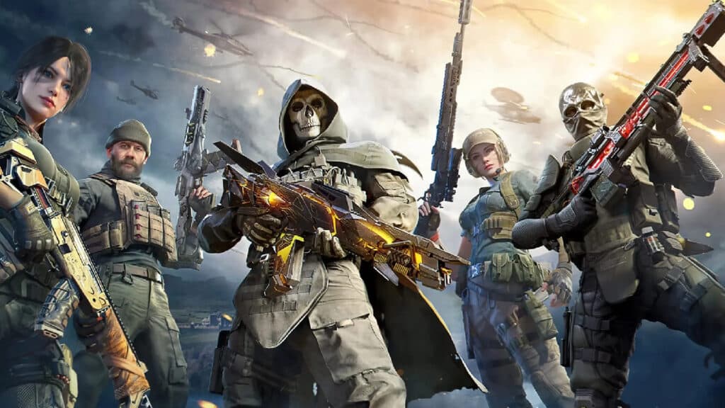 A group of armed soldiers poses confidently with rifles, set against a dramatic, explosive background of helicopters and smoke.