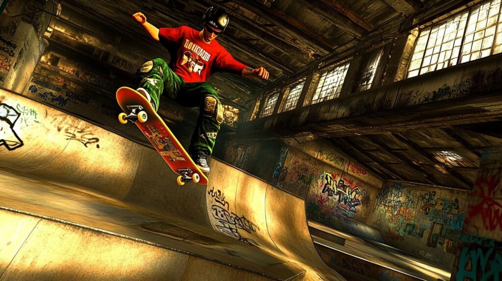 A skateboarder performing a trick in a graffiti-covered indoor skatepark, evoking the style of Tony Hawk’s Pro Skater 2 — a classic game imagined as a potential esports title in 2025.