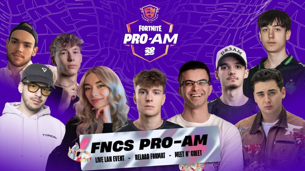 FNCS Fortnite Pro-Am 2025 promo image with top players and creators on a purple background.