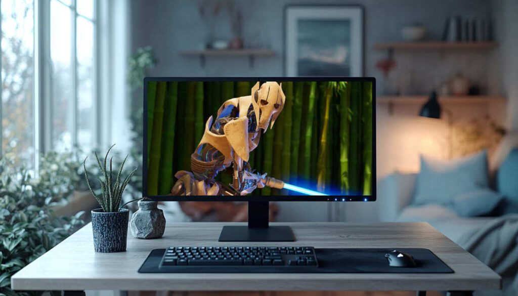 A computer monitor displays a 3D character resembling General Grievous wielding a lightsaber in a bamboo setting.
