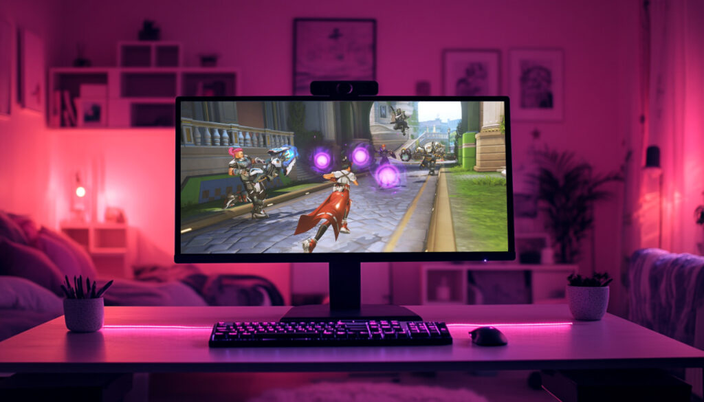 A gaming setup with a glowing pink room, showing an Overwatch 2 match on a widescreen monitor with heroes in action on a city street map