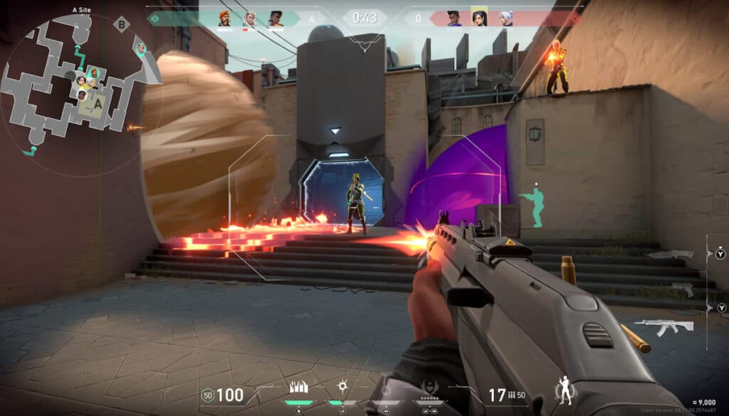 A player aims a weapon in a VALORANT game, with colorful abilities in play and a map overlay visible in the corner.