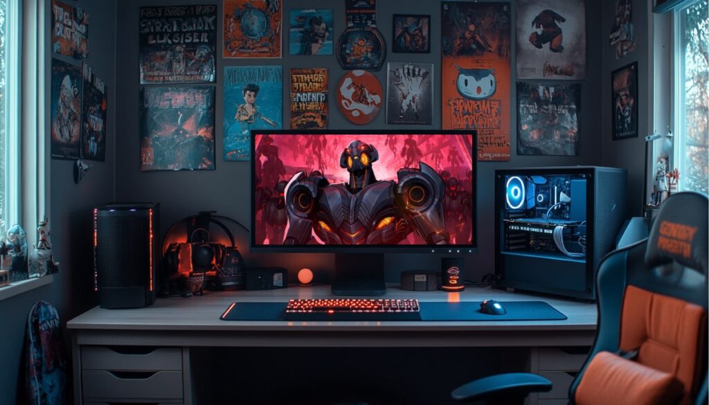 A stylish gaming setup with a wide monitor displaying a Marvel Rivals character, surrounded by gaming posters and high-end PC equipment