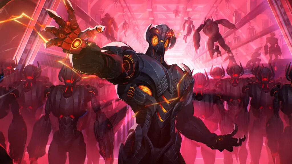 Ultron stands at the center of a glowing red chamber, surrounded by an army of identical robotic drones, with lightning-like energy emanating from his hand.