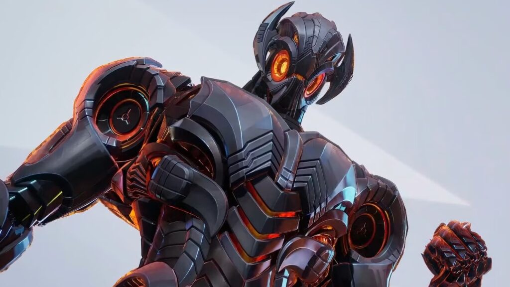 Close-up of Ultron in Marvel Rivals, showcasing his futuristic armored design with glowing orange elements.