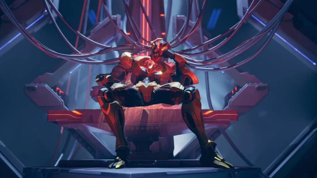 Ultron sits on a high-tech throne connected by cables