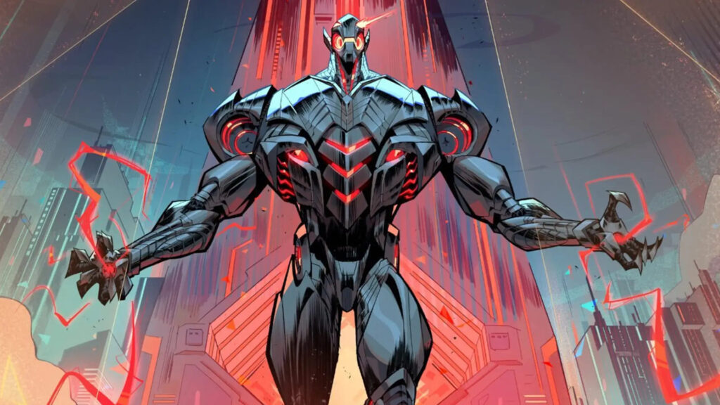 Ultron stands with outstretched arms, glowing red accents, against a futuristic city backdrop.