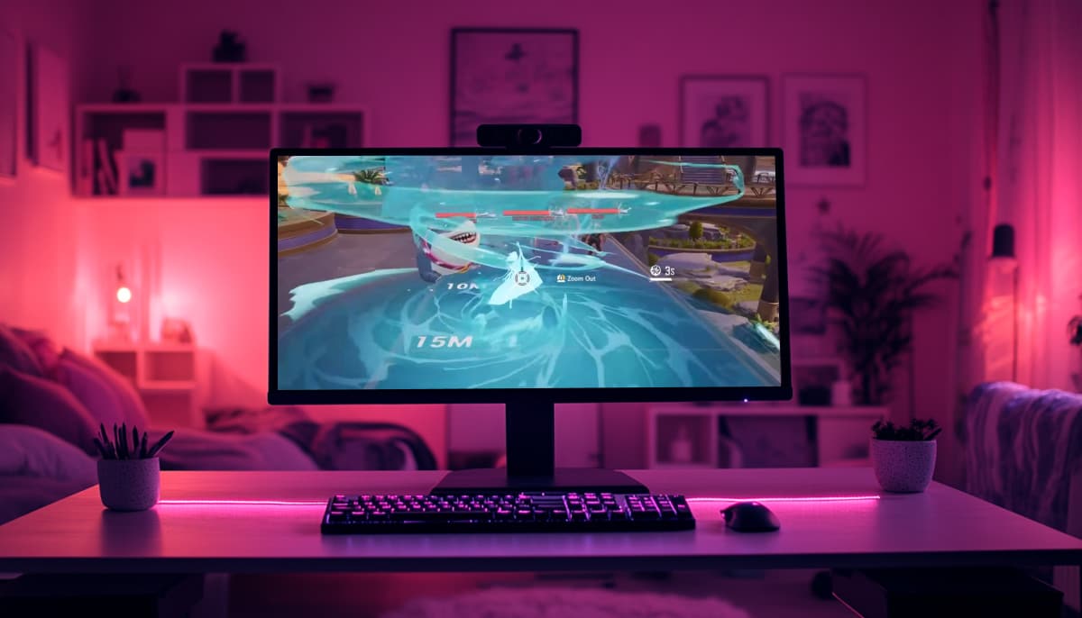A bedroom gaming setup with pink and purple lighting. A computer monitor displays gameplay from the game Marvel Rivals, showing a character using the 'Jeffnado' ability which features a shark in a water-based tornado