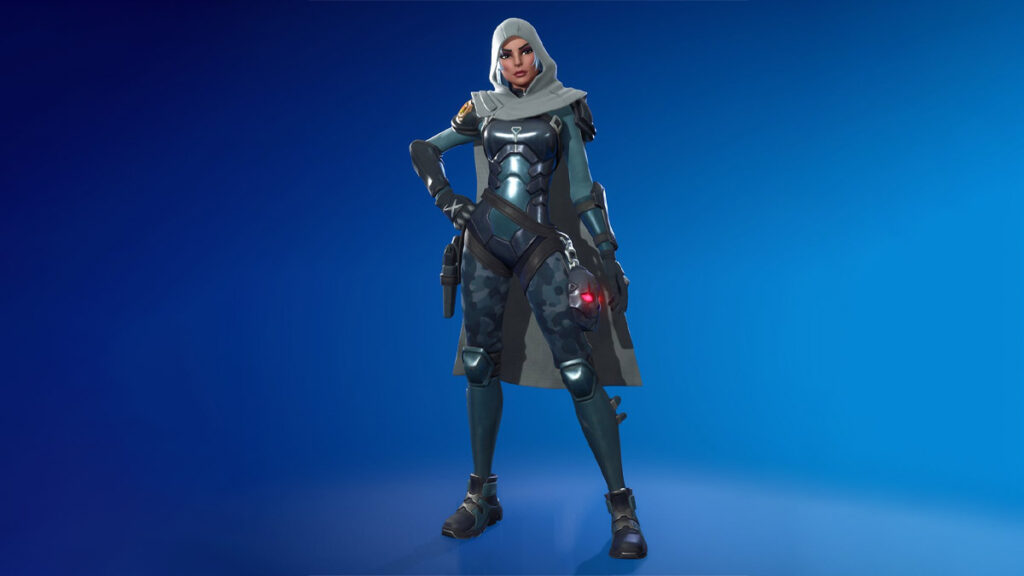 Vanguard Zadie Fortnite skin in a tactical stealth outfit with a hood and armor, standing confidently on a blue gradient background — detailed character render.