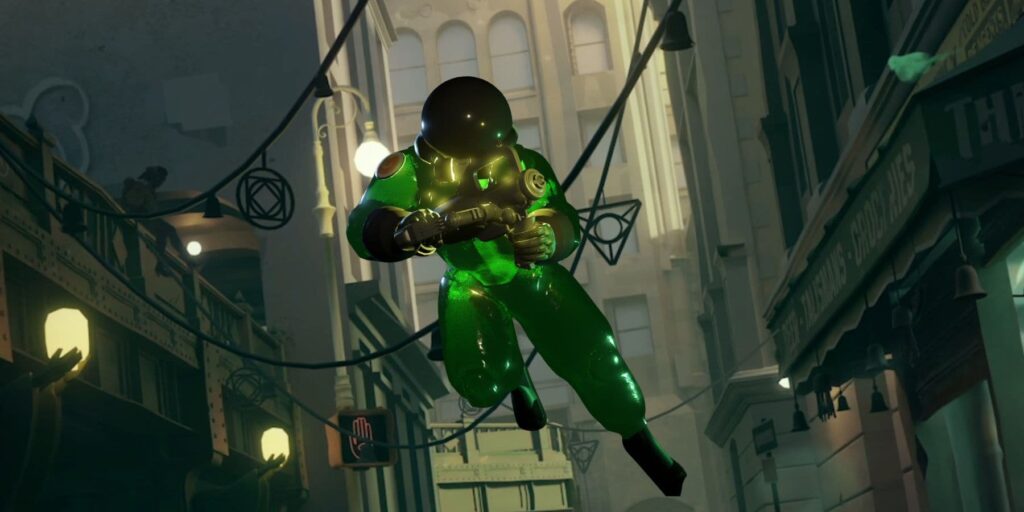 Viscous from Deadlock glowing green while aiming a weapon mid-air in a city street.