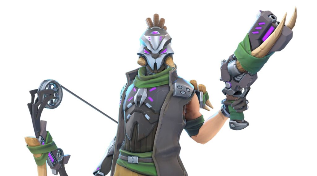 A character from BloodLoop in a dark armor and green scarf holds a mechanical bow and gun, featuring horns and glowing purple accents.