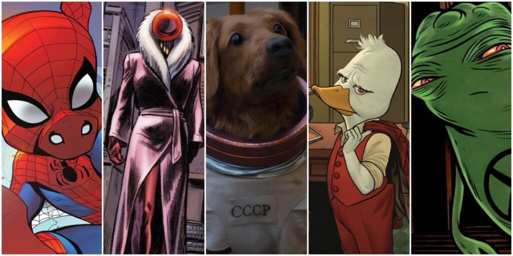 Collage of five quirky Marvel characters: Spider-Ham, Ruby Thursday, Cosmo the Spacedog, Howard the Duck, and Doop.