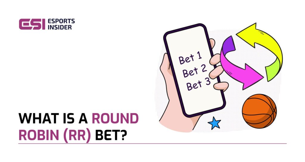 A hand holding a smartphone displaying "Bet 1, Bet 2, Bet 3" with colorful arrows and a basketball, illustrating round robin betting.
