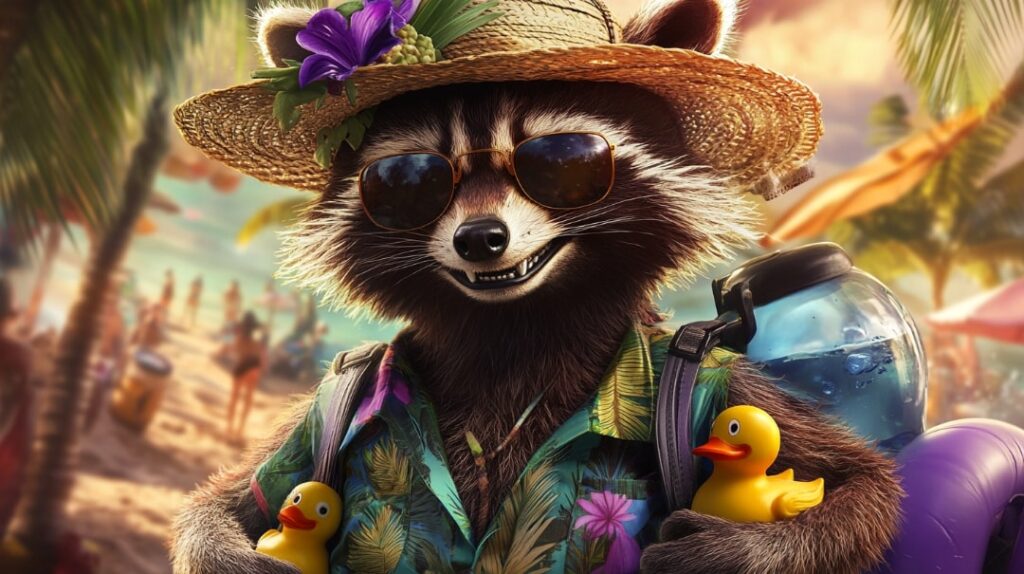 Rocket Raccoon in his Krakoa Resort skin from Marvel Rivals, in a tropical outfit with duckies and a water tank, on a sunny beach.