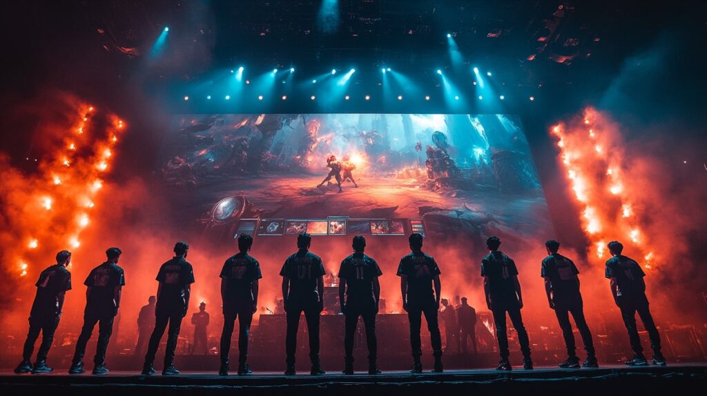 Professional League of Legends teams stand on stage in front of a massive screen displaying in-game action, with dramatic lighting and fire effects emphasizing the intensity of the esports tournament.