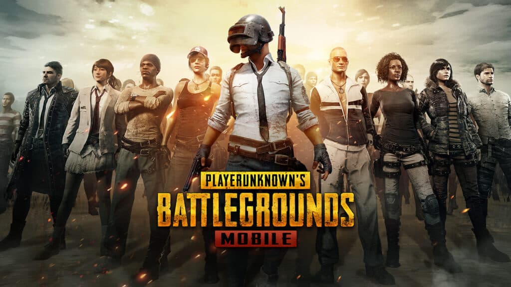 A diverse group of PUBG Mobile characters stands confidently, ready for battle, against a dramatic, fiery backdrop.