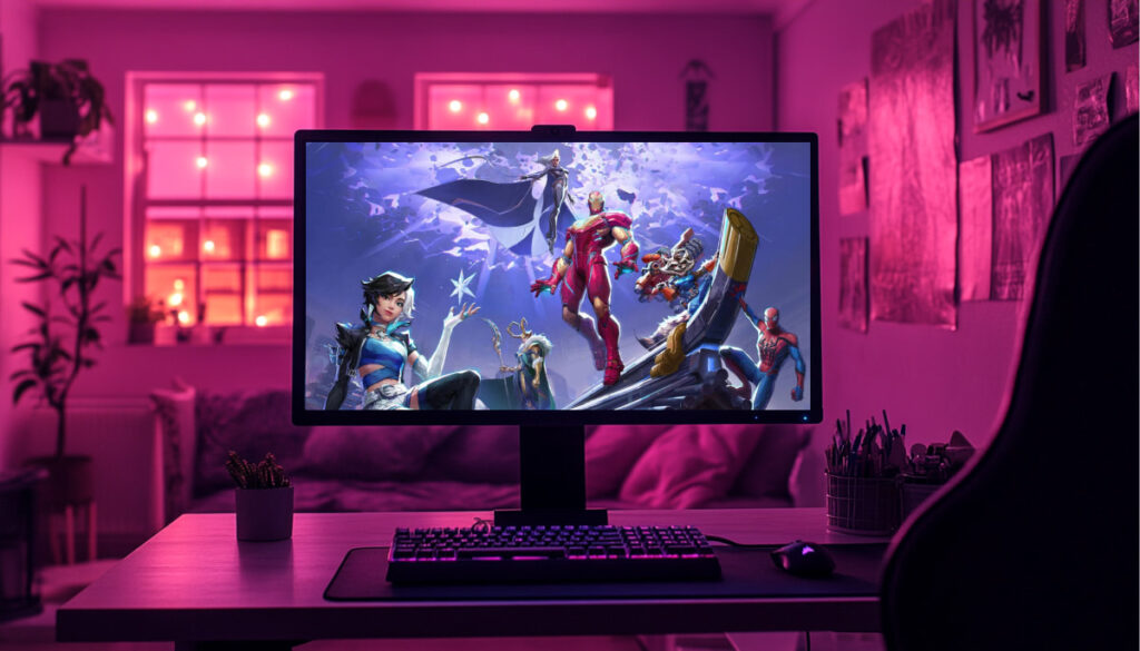 A gaming setup with a desktop monitor displaying Marvel Rivals characters like Iron Man, Storm, Loki, and Spider-Man, in a room lit with pink and purple ambient lighting.