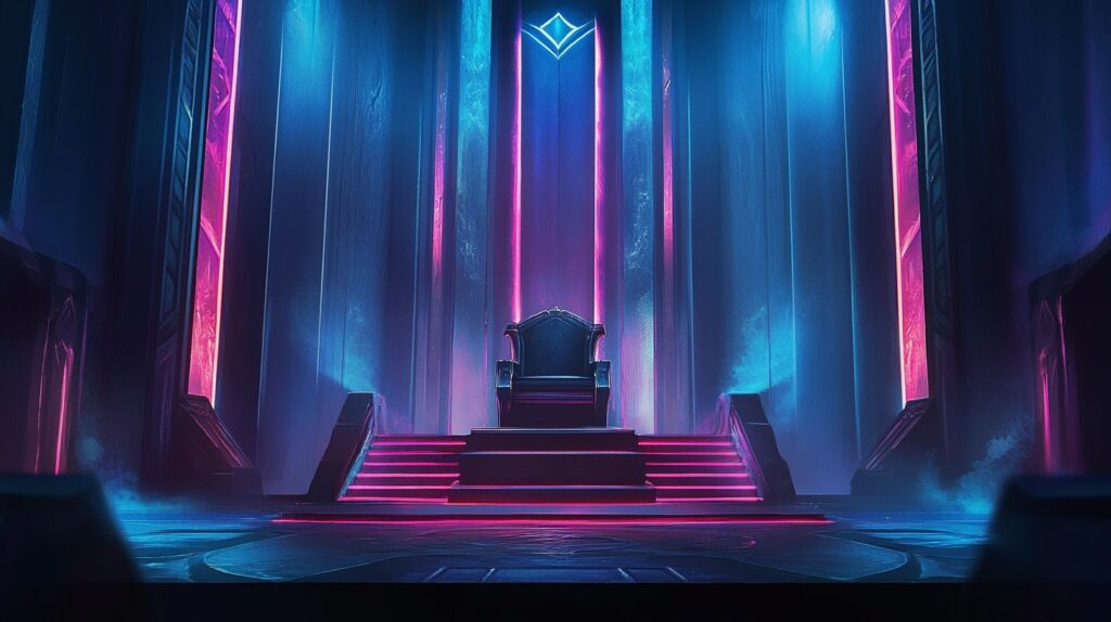 A glowing throne stands at the center of a grand, neon-lit hall, symbolizing the anticipation of the next inductee into the League of Legends Hall of Legends in 2025.