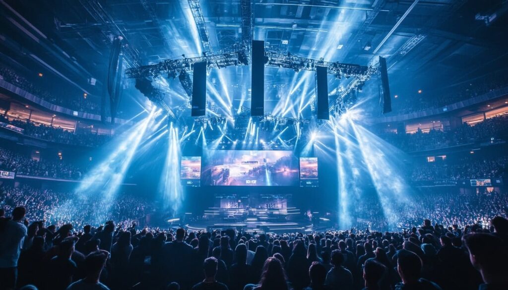 A packed esports arena filled with fans watching a major tournament, symbolizing the scale of competitive gaming and the tension between publisher control and community-driven passion