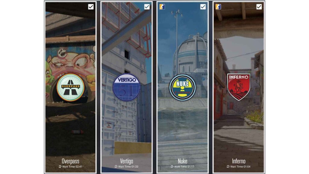 Four video game maps with waiting times: Overpass (02:41), Vertigo (01:33), Nuke (01:17), and Inferno (01:04).