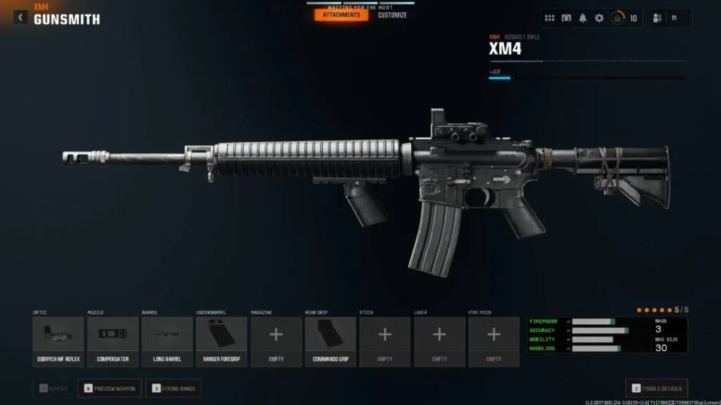 XM4 assault rifle in Black Ops 6 Gunsmith screen, equipped with Dobrych MF Reflex, Compensator, Long Barrel, Ranger Foregrip, and Commando Grip, showing balanced stats for accuracy and handling.