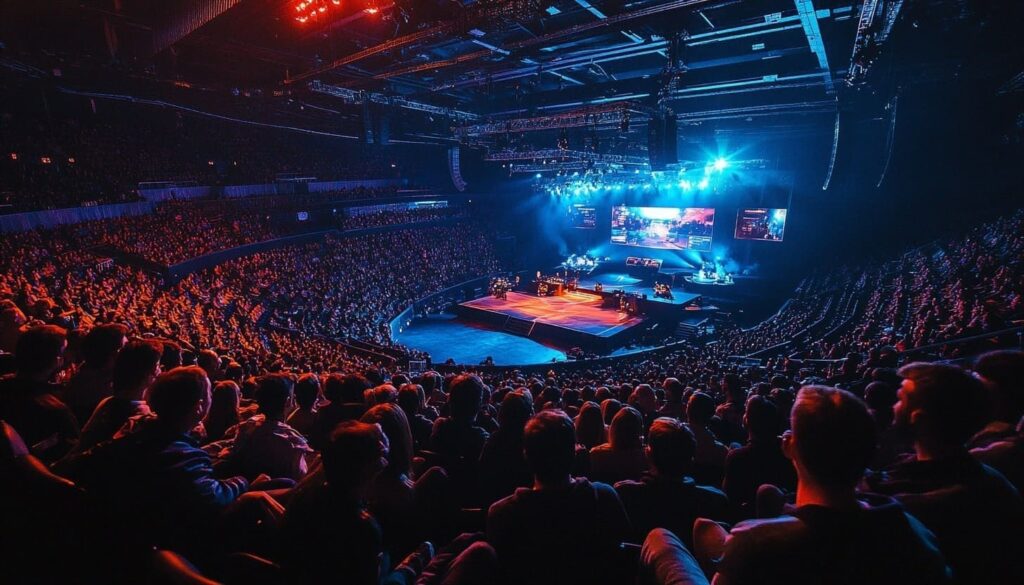 Large crowd watching an esports tournament in a brightly lit arena, with two teams competing on stage and gameplay shown on giant screens above.