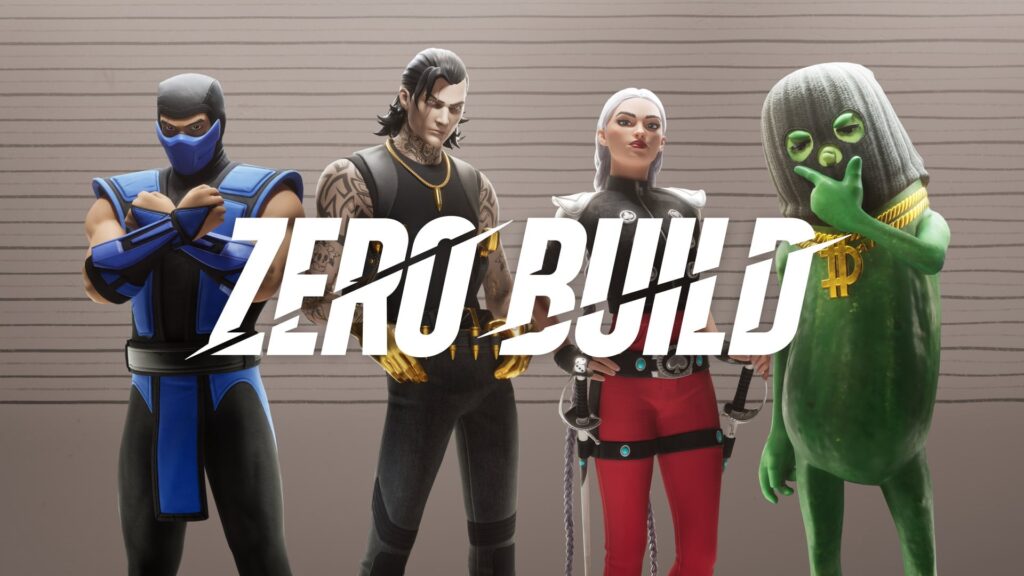Fortnite characters, including Sub-Zero and a pickle in a ski mask, stand under the “ZERO BUILD” title