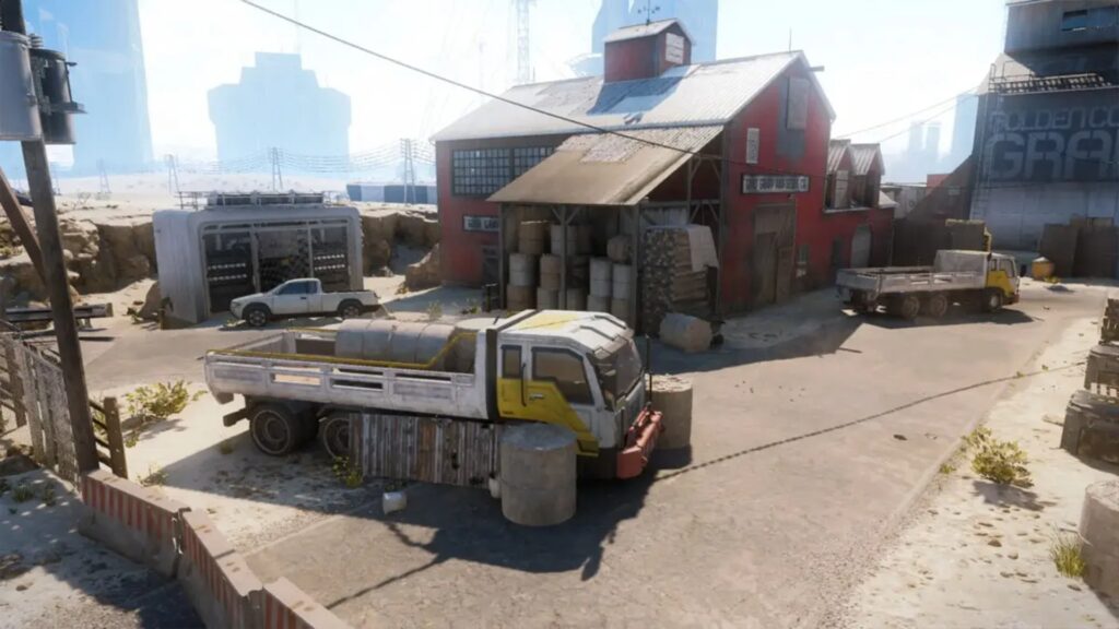 Image of Fringe map from Call of Duty: Black Ops 3. A truck is parked and surrounded by stone cylinders with a red barn in the background